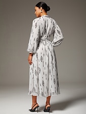 levne Květinové šaty-Dámské černobílé šifonové maxi šaty s potiskem, elegantní, se stahujícím pasem, slim fit, večírek, do práce, denně, podzim