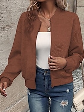 preiswerte Freizeitjacken-Damen Freizeitjacke Strukturierte Jacken Bequem Reißverschluss Mode Modern Lässig Einfach Ausgehen Wochenende Reisverschluss Regulär Stehkragen Normale Passform Langarm Oberbekleidung Schwarz Wei
