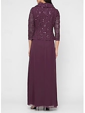 levne Délka kotníků-áčkové šaty pro matku nevěsty s portrétním límcem, elegantní jednoduché, minimalistické, s výstřihem do V, délka na zem, šifon, flitrovaná krajka, 3/4 rukávy s vroubkovaným lemem, 2025