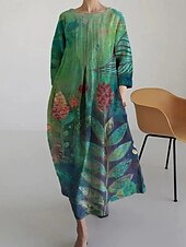 billiga Blommig klänning-Dam Maxiklänning A linjeklänning Fit And Flare Klänning party Ledigt Boho Fest Bröllopsgäst Dagligen Lös passning Blommig Grafisk Långärmad Rund hals Vit Blå Grön Vår Höst Vinter