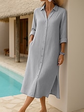 ieftine Rochie simplă-Pentru femei Rochii Midi Rochii Tip Cămașă Rochie casual Clasic Modern În aer liber Vacanță Concediu Fit regulat Simplu Manșon Lung Guler Cămașă Galben Mov Liliac Gri Deschis Toamnă