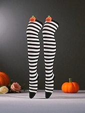 tanie Akcesoria Halloween-Damskie skarpetki za kolano na Halloween - bawełniane, długie pończochy w paski z uroczym wzorem dyni, zabawne i wygodne, nowatorskie pończochy na imprezy kostiumowe, cosplay i wydarzenia świąteczne