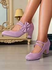 olcso 1950-es évek-női lila Mary Jane magassarkú cipő - vastag sarkú velúr elegáns cipő dupla masnipánttal, 1950-es évekbeli vintage ihletésű stílus esküvőkre, partikra és elegáns mindennapi viseletre