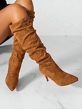 baratos Botas Slouch-Botas femininas de cano alto, estilo slouch, de camurça sintética bege, com salto agulha - calçados da moda outono para looks estilosos do dia a dia e para encontros casuais