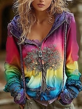 cheap Boho Tops-Women&#039;s Zip Up Hoodies Floral Punk Active Vintage Long Sleeve Hooded Regular Tops Home Dailywear Casual Yellow Pink Blue Purple Fall Winter