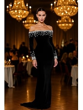 economico Abiti da sera a tubino-abito da sera elegante in velluto elasticizzato con cravatta nera, a sirena/tromba, con perle, formale, da sposa, strascico a ruota, manica lunga, spalle scoperte, 2025