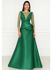 cheap A-Line Evening Dresses-A-Line Floor Length Evening Gown Ball Gown Formal Dress Elegant 3/4 Length Sleeve Illusion Neck Formal Wedding Pink Dress Satin with Beading