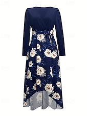 abordables Robes en chiffon-Femmes Robe Longue Maxi Robe Robe Imprimée Mode Extérieur Vacances Fête Coupe régulière Fleur manche longue Col en V Bleu Automne