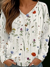 economico Bluse Floreali-Per donna Felpa Pullover Stampato Floreale Streetwear Casual Manica Lunga Scollo a V Top Regolari Streetwear Ferie Uscire Bianco Giallo Rosso Verde Autunno