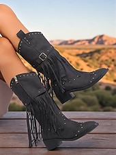 Χαμηλού Κόστους Καουμπόη και δυτικές μπότες-Γυναικείες καφέ μπότες μέχρι το γόνατο με κρόσσια από τεχνητό δέρμα, λεπτομέρειες με τρουκς και χαμηλά τακούνια, μποέμ παπούτσια σε στιλ καουμπόι γουέστερν