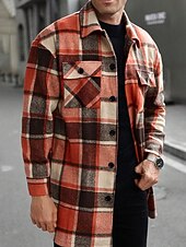 preiswerte Herren-Blazer &amp; -Anzüge-Herren Leichte Jacke Hemdjacke Freizeitjacke Jacke-Shirt Urlaub Täglich Thermowarm Tasche Frühling Herbst Karomuster Mode Klassisch Revers Regulär Schwarz Wein Orange Khaki Armeegrün Jacken