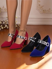 ieftine Block Heels-Tocuri Mary Jane de damă din catifea albastră cu cataramă din perlă - pantofi eleganți cu vârful ascuțit și barete argintii pentru ținute de lucru de toamnă/iarnă, stil urban șic și petreceri de
