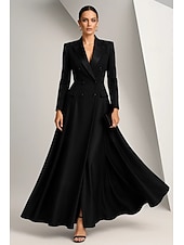preiswerte Smokingkleider-schwarzes Smokingkleid Blazerkleid A-Linie Kleid für die Brautmutter elegantes spitzes Revers bodenlanges Stretch-Satin Langarm mit Volltonfarbe 2025