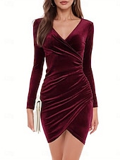 abordables Robe de cocktail-Femmes Mini Robe Robe fourreau Élégant Sexy Coupe régulière Uni manche longue Col en V Noir Vin Vert foncé Bleu Encre Printemps Automne