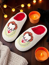 economico Per le donne-pantofole unisex da clown horror pelose con fodera in peluche rosso - comode scarpe da interno per Halloween, per feste in maschera spaventose e appassionati di film horror