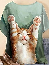 billiga Djur tee-Dam T-shirt Grafisk Djur Katt Vintage Stylish Klassisk Kortärmad Rund hals Vanliga toppar Dagligen Helgen Mönster Ljusgrön Sommar Vår
