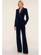 preiswerte Hosenanzüge für Mama-Zweiteilig Overall / Hosenanzug Hosenanzug Brautmutterkleid Formell Hochzeitsgast Elegant Einfach Revers Bodenlang Samt Langarm mit Einfarbig 2025
