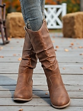 olcso Slouch Boots-női barna bő szárú, félvádrájú csizma – vastag sarkú, western stílusú csizma őszi divathoz, szabadtéri eseményekhez és hétköznapokra