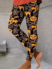 baratos Calças de Halloween-Mulheres Leggings Férias Vintage Moda Mimolet Cintura AltaPantsHalloween Gráfico Abóbora dia das Bruxas Estampado Macio Respirável Com Stretch Férias Rua Casual Preto Branco Amarelo Laranja Primavera