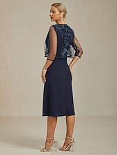  女性用 ブレザー ジャケット ライトウェイト レース 刺繍 スパンコール イリュージョンレース エレガント フラワー フォーマル 記念日 パーティー 結婚式のゲスト オープンフロント ショート クルーネック レギュラー 七分袖 アウターウェア ネイビーブルー 春 秋