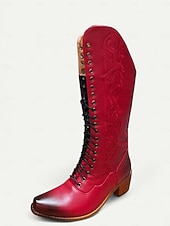 levne Cowboy &amp; Western Boots-vintage červené šněrovací westernové kovbojské boty - dámské kožené boty po kolena pro country a western akce