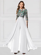 levne Máminy kombinézy-Květinový overal vyšívaná matka nevěsty formální svatba elegantní vintage iluze krk dlouhá sukně šifon poloviční rukáv se třpytkami závodní den šaty