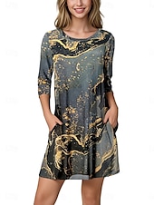 abordables Robes fleuries décontractées-Halloween Femmes Mini Robe Robe trapèze Élégant Occasionnel Coupe Ample Imprimé Manche 3/4 Col ras du cou Jaune Bleu Bleu Poudré Bleu de minuit Été Printemps Automne