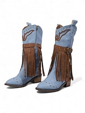 Χαμηλού Κόστους Καουμπόη και δυτικές μπότες-Γυναικείες καφέ μπότες μέχρι το γόνατο με κρόσσια από τεχνητό δέρμα, λεπτομέρειες με τρουκς και χαμηλά τακούνια, μποέμ παπούτσια σε στιλ καουμπόι γουέστερν