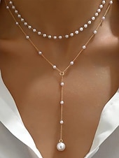 abordables Boda ACC-Collar con colgante de perlas en capas para mujer: elegante cadena de aleación en tono dorado con detalles de perlas de imitación para eventos formales, bodas y fiestas nocturnas.