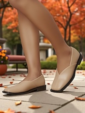 cheap Women's Flats-Women's Beige Square Toe Slip-On Loafers - Faux Leather Low Heel Comfort Shoes with V-Cut Vamp, Minimalist Modern Style for Casual Wear, Office Outfits and Autumn Fashion