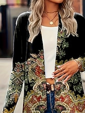 billiga Skjorta jackor-Dam Trenchcoat Bekväm Andningsfunktion Mönster Öppen front Vintage Dagligen Retro Ledigt Blommig Semester Gata Ledigt Dagliga kläder Öppen front Lång Kraglös Normal Långärmad Ytterkläder Svart Vår