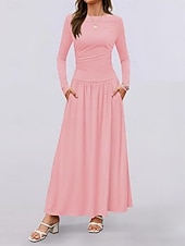 voordelige Witte jurk-Dames Maxi-jurk Trui-jurk A lijn jurk Casual Dagelijks Normale pasvorm Effen Lange mouw Strakke ronde hals Zwart Blozend Roze Rood Bruin Lente Herfst Winter
