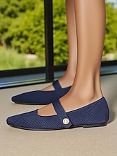 billiga Platta damskor-Beige stickade Mary Jane-skor med pärlrem för kvinnor - lätta, andningsbara vardagsskor för vardagsbruk, resor och kontorskläder