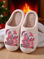 ieftine Flip-Flops de Damă-Papuci de Crăciun bej pentru femei, cu căptușeală plușată și imprimeu festiv cu dragoste – pantofi de iarnă confortabili pentru interior, pentru sărbători, acasă și cadouri