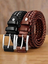levne Pánské opasky-Pánský pletený opasek z pravé kůže – klasický tkaný design s leštěnou přezkou, odolný a nastavitelný doplněk v pase pro ležérní, obchodní a golfové outfity