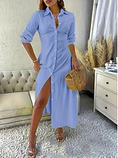 abordables Robe noire-Femmes Robe Longue Maxi Robe Robe Chemise Élégant Quotidien Coupe régulière Couleur Unie manche longue Col en V Noir Blanche Jaune Bleu Automne