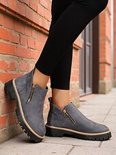abordables Bottines-Bottines grises en similicuir pour femme – fermeture zippée latérale, semelle crantée antidérapante, style streetwear automne-hiver élégant