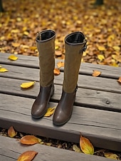abordables Bottes de cheval-bottes hautes à tige réglable pour femmes - combinaison de daim et de similicuir avec détail de boucle, chaussures de style équitation à la mode pour les tenues décontractées urbaines et les vêtements