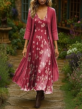 abordables Robe Fleurie-Femmes Robe Ensemble Robe Maxi Robe trapèze Vacances Boho Fleuri Graphique Superposé Imprimé Robe maxi Manche 3/4 Col en V Extérieur Quotidien Rouge Bleu Violet Claire Été Printemps Coupe régulière