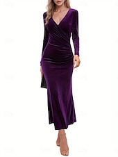 abordables Robe de cocktail-Femmes Robe Longue Maxi Robe Robe fourreau Élégant Sexy Coupe régulière Uni manche longue Col en V Noir Vin Vert foncé Violet Printemps Automne