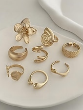 olcso Női Gyűrűk-Női 8 darabos, állítható méretű aranyötvözet gyűrűszett – bohém, mutatós ékszer virágos, kagyló- és geometrikus mintákkal partikra, esküvőkre és mindennapi viseletre
