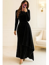 preiswerte Cocktailkleider-blau rot schwarz Etuikleid/Säule Abendkleid elegantes Kleid formalen Herbst knielang Langarm Rundhalsausschnitt Samt mit Falten gerafft 2025