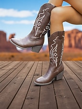 abordables Cowboy y botas occidentales-Botas vaqueras estilo western para mujer, color marrón moca, con detalles bordados en blanco y tacones de bloque, estilo bohemio estilo western.