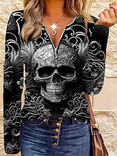 Χαμηλού Κόστους Μπλούζες αποκριών-Halloween Γυναικεία Μπλουζάκι Γραφική Νεκροκεφαλές Κομψό Βίντατζ Στυλάτο Μακρυμάνικο Λαιμόκοψη V Στρογγυλή Λαιμόκοψη Λαιμός με εγκοπή Κανονικά μπλουζάκια Καθημερινά Σαββατοκύριακο Φερμουάρ Στάμπα