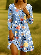 ieftine rochie florală-Rochie mini pentru femei cu guler rotund mânecă lungă rochie casual rochie de tip T-shirt rochie stil Tee rochie în A casual tăiere regulată grafic floral guler rotund negru albastru violet verde