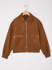 economico Cappotti &amp; Trench-giacca da donna in finta pelle scamosciata con cerniera, collo con revers, finiture a costine, chiusura con cerniera, tasche foderate, casual, elegante, per tutti i giorni, autunno