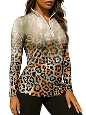 billiga Kvinnors skjorta-Dam Leopard Lutning Skjorta Sporttröja Vandringspolotröja Tennisskjorta Långärmad Dragkedja Blommig UPF50+ UV-resistent Hög Elasisitet Fuktabsorberande Andningsfunktion Tennis Golf Pickleball Hög