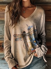 お買い得  ボヘミアンTシャツ-女性用Tシャツ 長袖 花柄 グラフィック プラント ビンテージ スタイリッシュ カジュアル 長袖 Vネック レギュラートップス デイリーニュース ウィークエンドプリント セージグリーン ピンク レッド パープル グリーン 春 秋 プレフォール