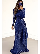 baratos Vestidos de Noite-Vestido de noite elegante, vermelho, azul, com lantejoulas, comprimento até o chão, manga comprida, gola redonda com pregas brilhantes, 2025