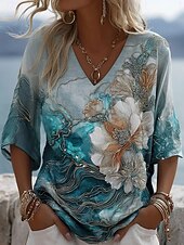 Women's Boho T-shirt Bohemia Vintage Fashion 3/4 Length Sleeve V Neck Regular Tops Daily Going out Weekend Blue Gray Summer Spring4